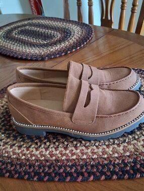 Taryn Rose Cognac Suede Penny Loafers with Studded Trim Sz. 7.5
